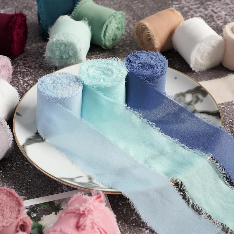 

3.8cmx6.4m Handmade Frayed Edged Satin Chiffon Silk Ribbon For Wedding Invitation Wrapping Bouquets Birthday Party Decor Gifts