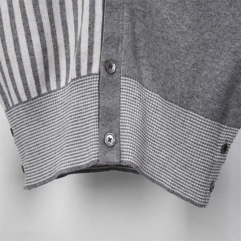 TB BROWIN thom men's cardigan sweater V neck autumn color matching four-bar wool stripes Korean casual knitted bottoming coat