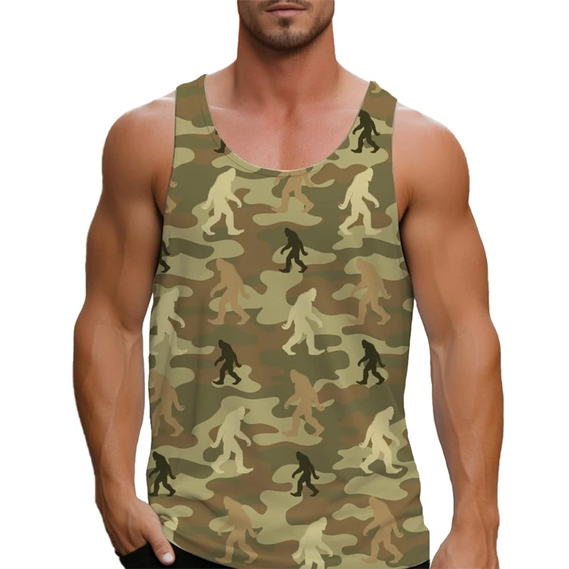 Camouflage Bigfoot Men's Sleeveless T-Shirt Vest Clothes Sasquatch Pattern Print Outdoor Casual Man Gym Tee Pullover Sportwear