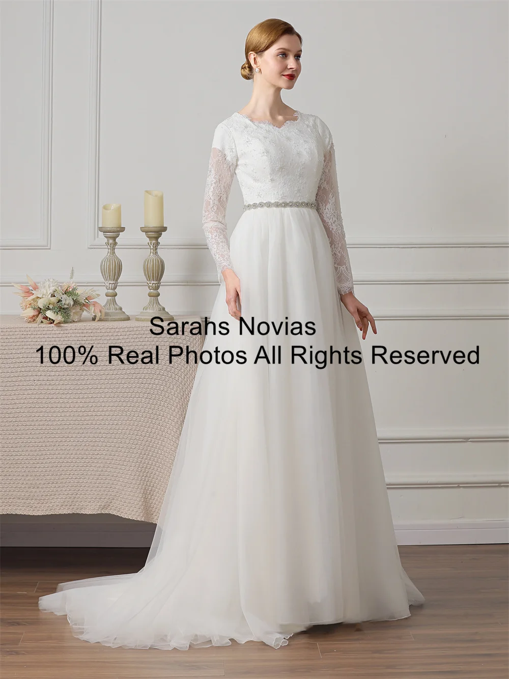 Скромные свадебные платья из кружева и тюля с длинными рукавами бисером