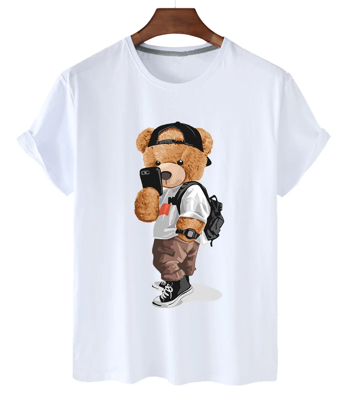 

High-quality Street Selfie Bear Print Cotton Short-sleeved O-neck Loose Casual Top T-shirt Female Oversized T-shirt Couple S-3XL