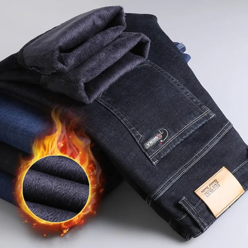 

2021 Winter Warm Fleece Men's Jeans Thick Stretch Denim Jean Straight Male Brand Cotton Pants Men Large Size 35 40
