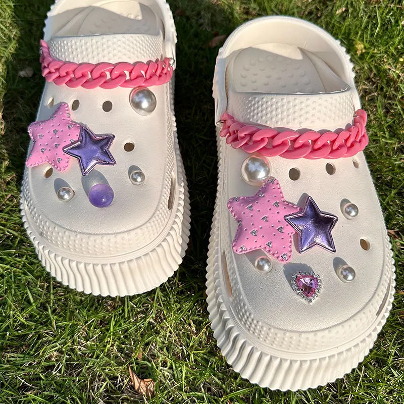 Pink Chunky Acrylic Chains Y2K Stars Shoes Charms Luxury Vintage Bling Heart Rhinestones Starry Sky Shoe Accessories Jewelry New