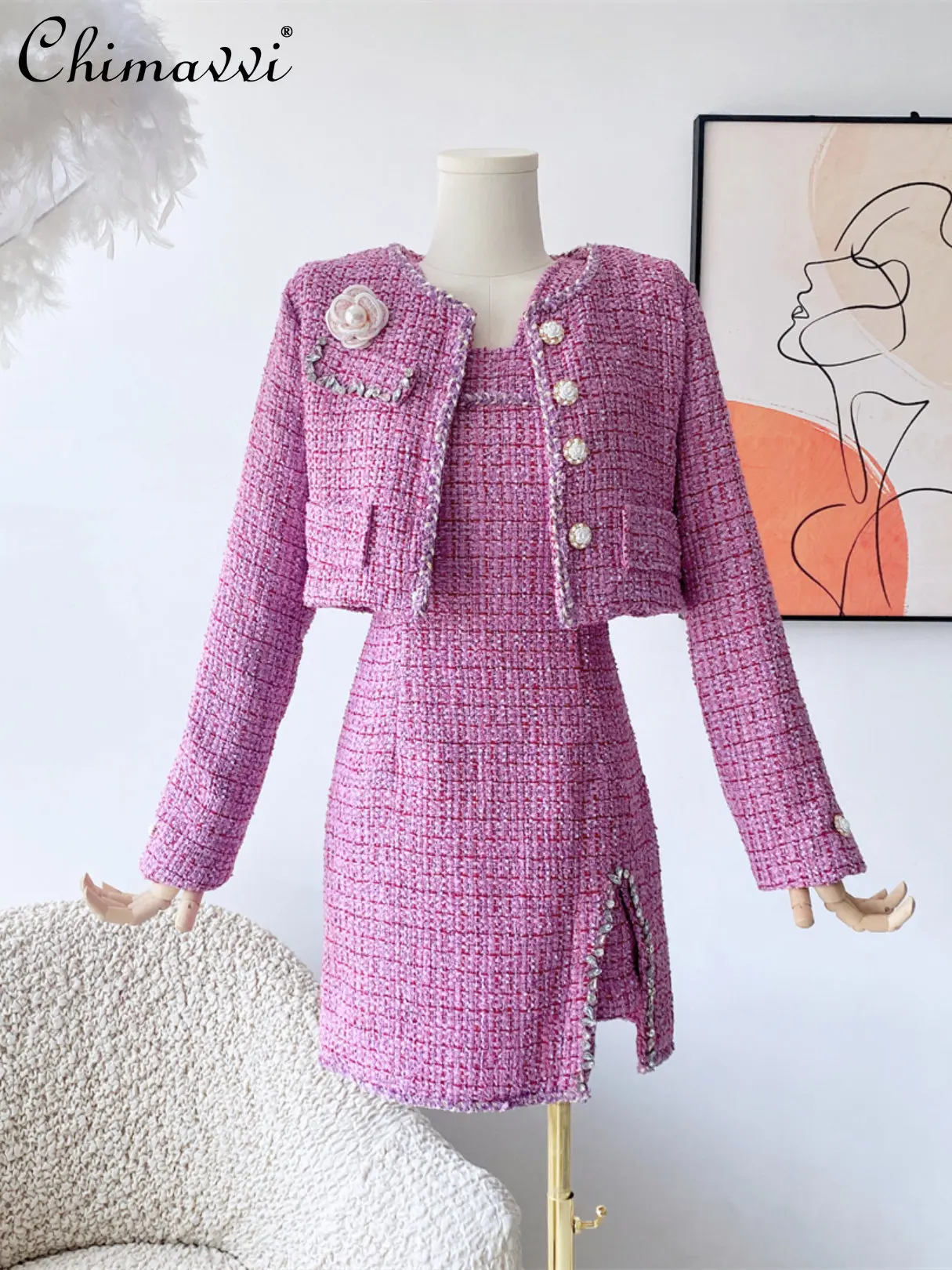

Fashion Woven Long-Sleeved Coat Exquisite Rhinestone Slim-Fit Suspender Dress Women 2022 Autumn New Office Lady Two-Piece Set