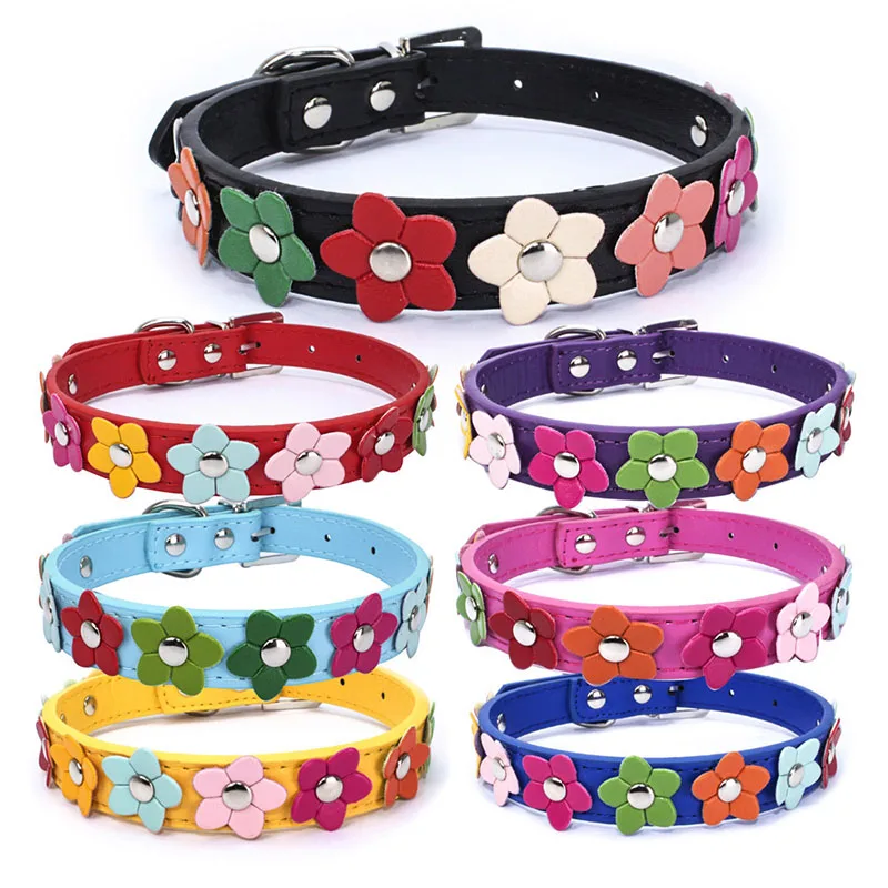 

New Pet Collar Decorated with Colorful Flower Dog Necklace PU Material Adjustable Collar Suit for Medium Large Dog Pet Supplies
