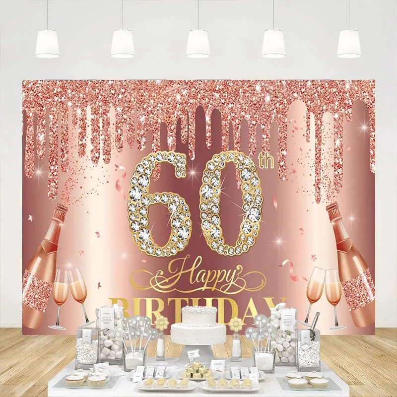 

Happy 60th Birthday Backdrop Banner Decoration Women Pink Rose Gold Sign Party Supplies Sixty Years Background Photo Booth Props