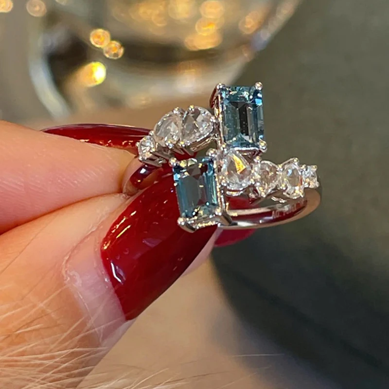 

Korean New Rectangular Ocean Blue Luxury Flashing Cubic Zirconia Open Ring for Women Exquisite Wedding Banquet Fashion Jewelry