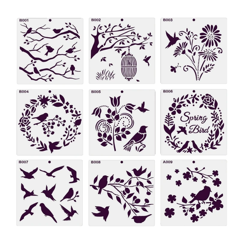 

9 Pcs Drawing Stencil Bird Floral Template Reusable PET Stencil for Scrapbooking