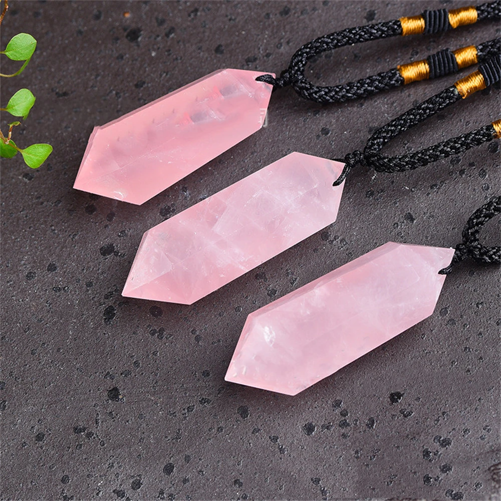 

Fashion Natural Stone Pendants Rock Quartz Point Pink Crystal Roses Quartz Charms Hexagonal Column Pendant Necklace For Jewelry