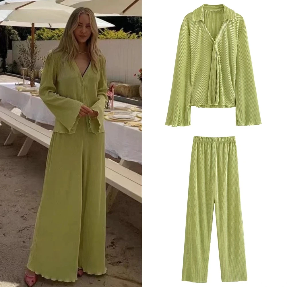

New Green Loose Sleepwear Women's Pajamas Set Pleated Bell-sleeved Shirt Commuter High Waist Wide Leg Trousers Two-piece Set