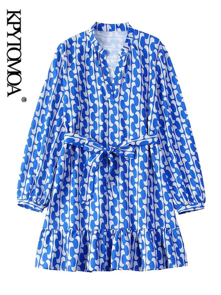 

Женское винтажное мини-платье с поясом, V-образным вырезом и длинным рукавом