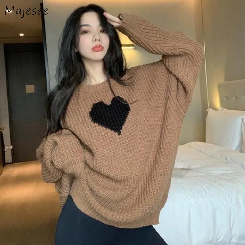 Pullovers Women Sweet Korean Style Loose O-neck Autumn Sweater Simple Heart Decoration Fashion All-match Preppy Laziness Vintage