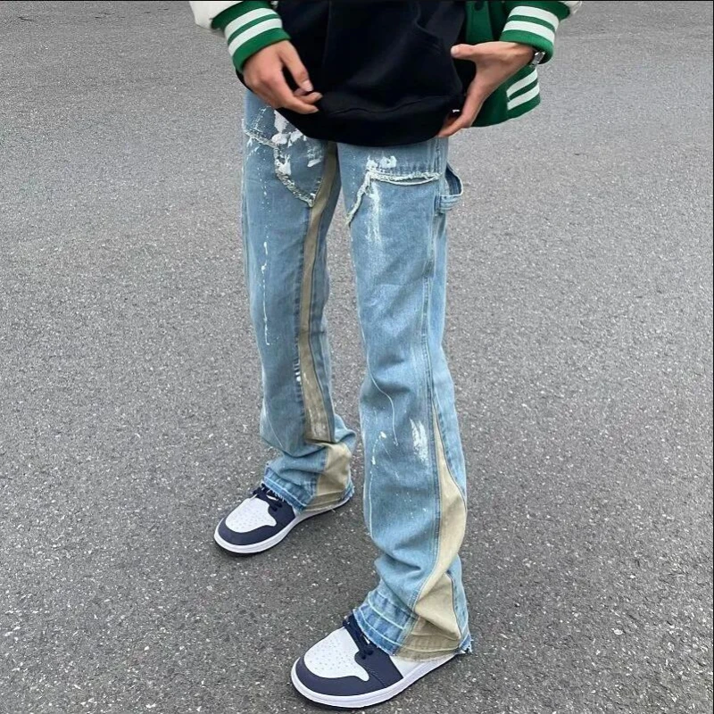 

Men's Jeans 2022 New Fashion Painted High Street Washed Distressed Splicing Jeans Loose Casual Harajuku Design Casual Pants