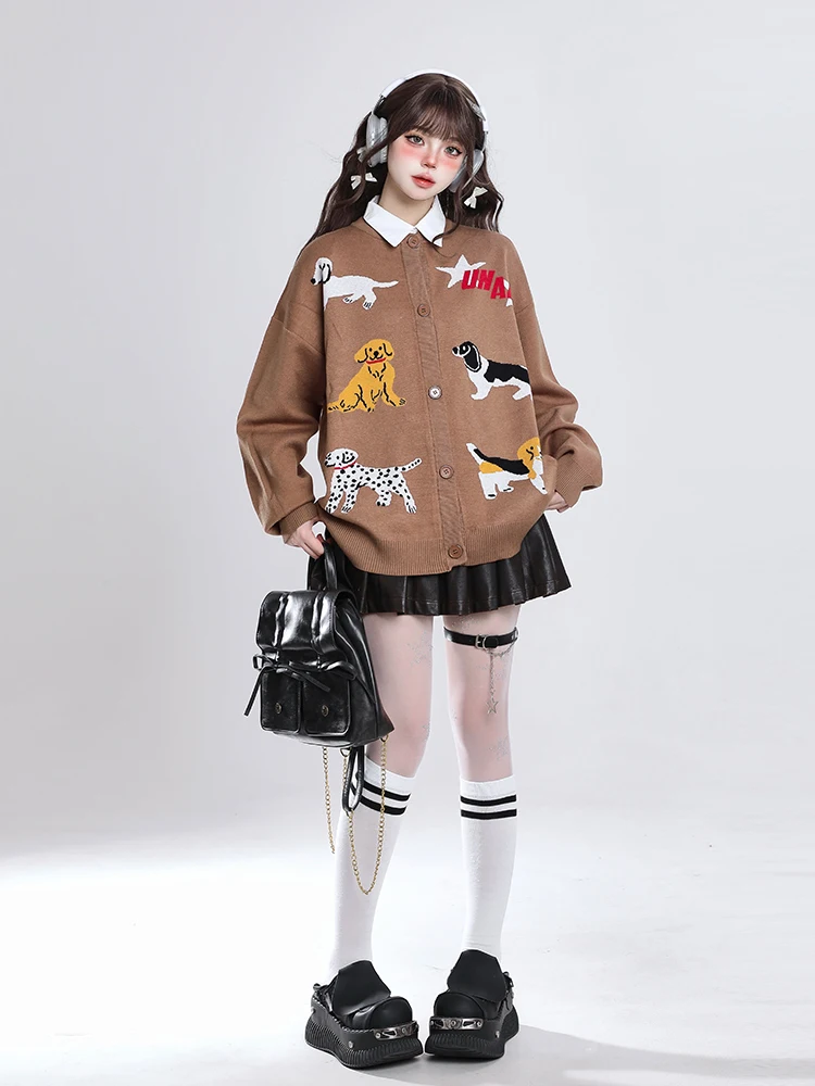 American vintage Cartoon Puppy Knit cardigan Autumn and Winter New Wear Idle Sle Korean Series Loose Sweater Outerwear Women