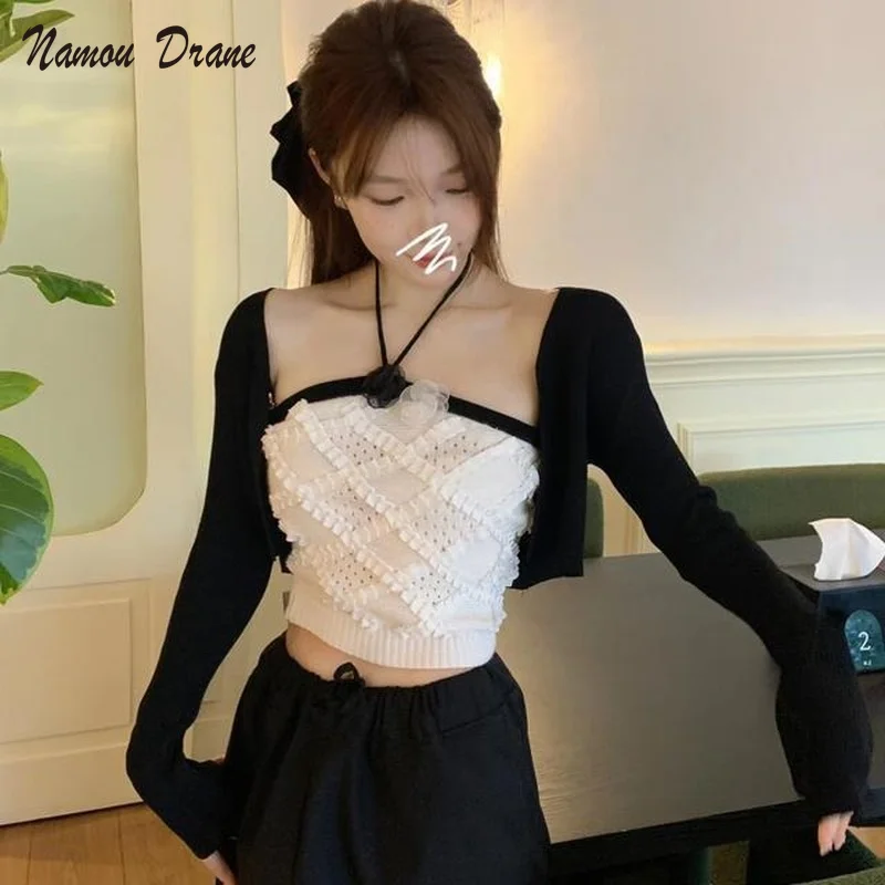 

Женский белый жилет на бретельках, летняя одежда из двух предметов с французской камелией и маленьким запахом солнцезащитного кардигана с ...