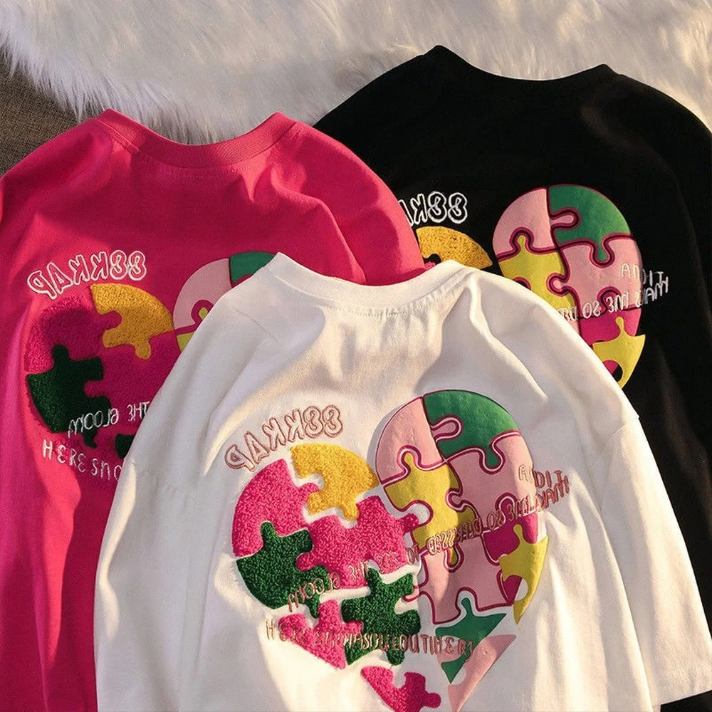 

Summer Cotton Lovely Rainbow Heart Puzzle Graphic T Shirts Hip Hop Fashion Kawaii Clothes Ropa Large 2XL Mujer Y2k Top Harajuku