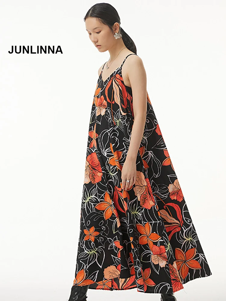 

JUNLINNA 100% Polyester Women Summer Dress Spaghetti Strap Sexy Fashion Flower Printing Vestidos Free Size Loose Holiday Drs