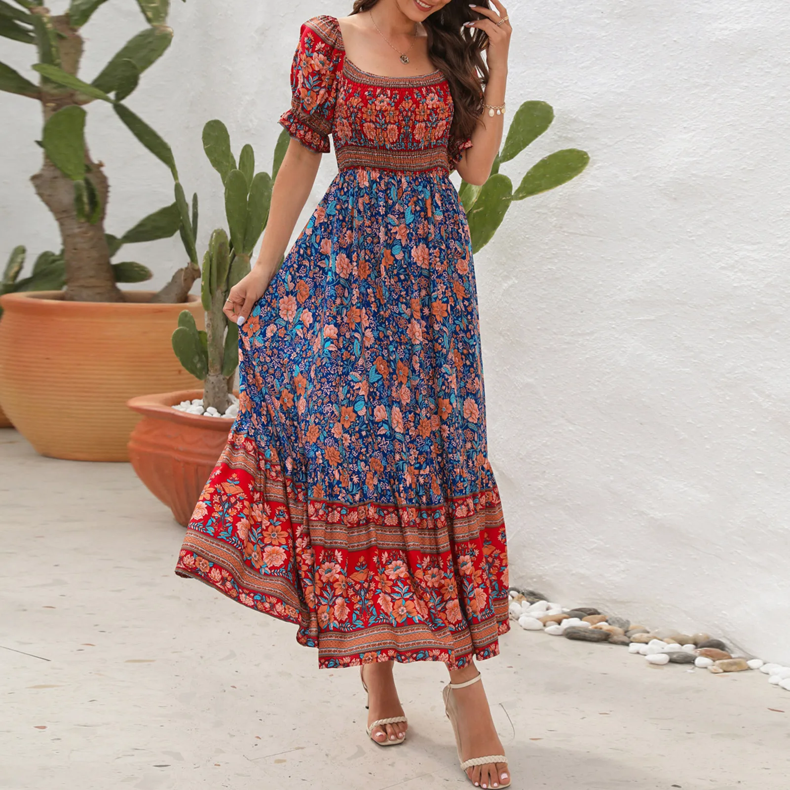 

Платье-трапеция с цветочным принтом, Элегантное повседневное простое модное характерное платье с квадратным вырезом и рукавами-фонариками для отпуска, лето