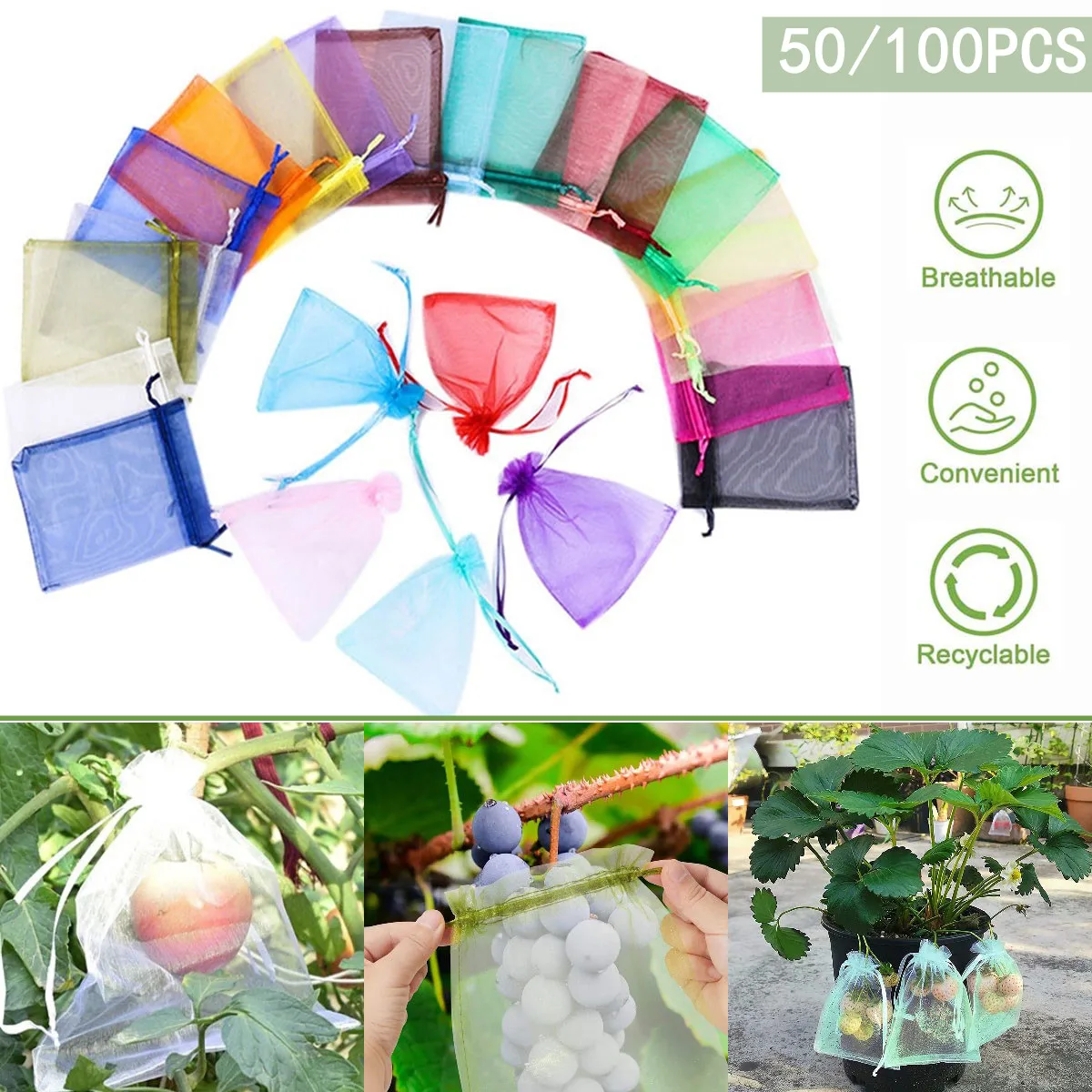 

50/10Pcs Garden Fruit Vegetable Plant Protection Bags Strawberry Grapes Grow Bag Pest Control Anti-Bird Drawstring Mesh Cover