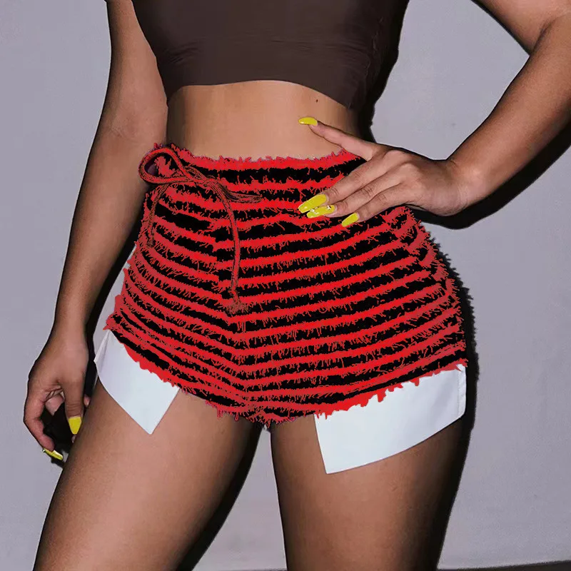 Women Summer Shorts Drawtring Elastic High Waist Striped Short Pants Ladies Stretch Shorts