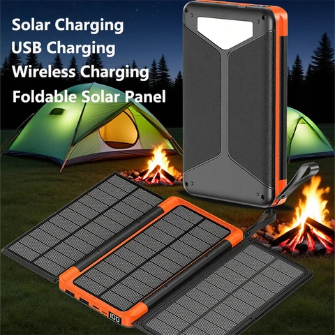 Складной аккумулятор на солнечной батарее емкостью 20000 мАч с 3 солнечной панелью, портативное уличное беспроводное зарядное устройство Qi Powerbank для телефона, путешествий, кемпинга