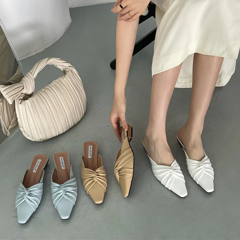 

2022 Summer Square Low Heel Women Slipper Fashion Bow-knot Shallow Slip On Ladies Mules Shoes Soft Outdoor Casual Slides Mujer