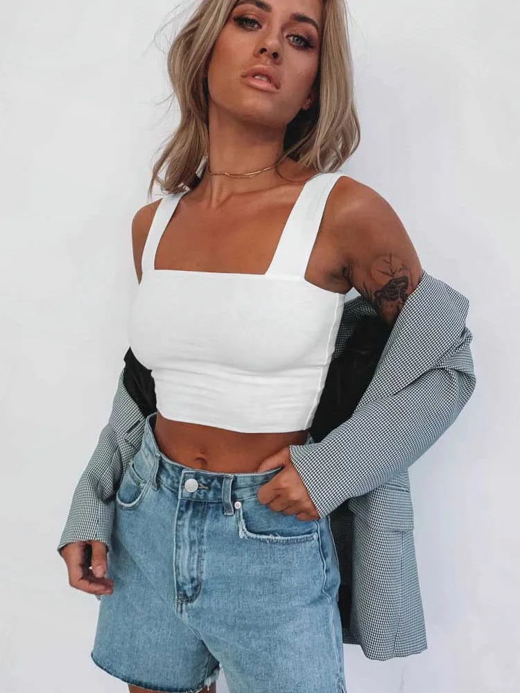 

Женский укороченный топ без рукавов, Повседневная белая футболка без рукавов с квадратным вырезом и открытой спиной, лето 2022