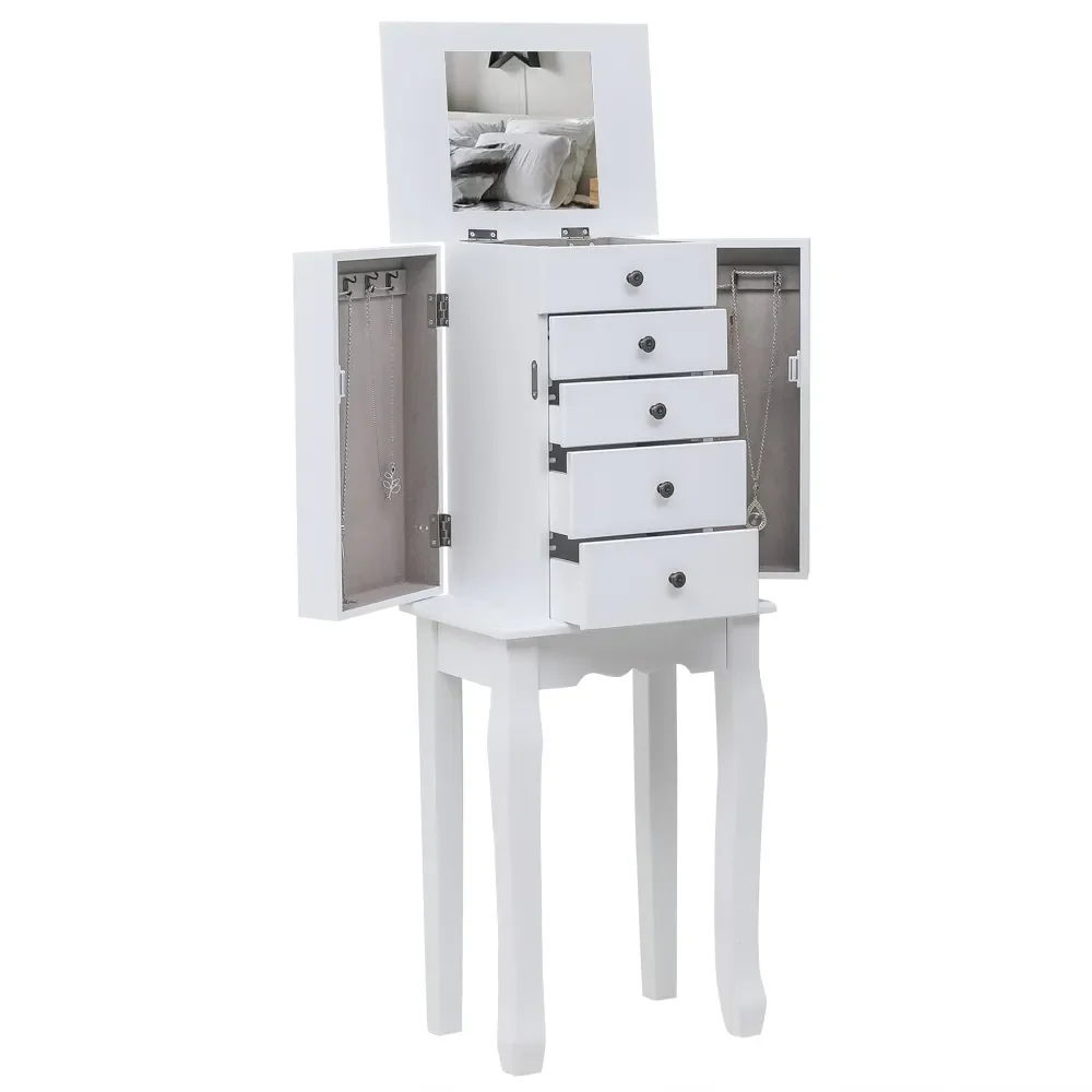 

2023 Dressing Table Jewelry Armoire with Mirror 5 Drawers & 8 Necklace Hooks Jewelry Cabinet Chest with Top Storage Orga