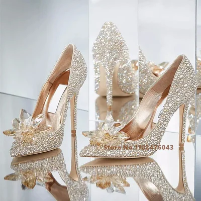 

5cm/7cm/9cm New High Heel Wedding Women Shoes Diamond Pumps Cinderella Crystal Shoes Rhinestone Pointed Toe Glitter Party Sliver