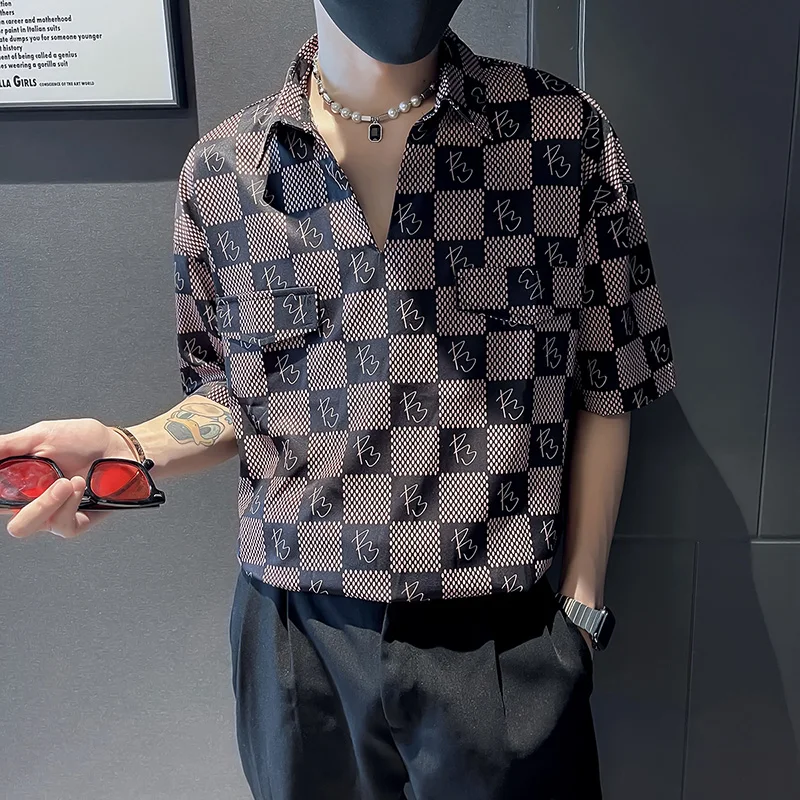 Brand Plaid Shirts Men 2022 Summer Half Sleeve Loose Casual Pullover Fashion V Neck Business Shirt Social Party Tuxedo Blouse