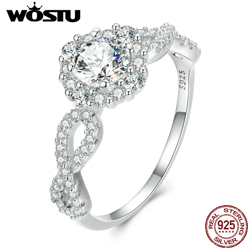 

WOSTU 925 Sterling Silver Luxury Wedding Ring Classical Round Clear Zircon Crystal Promise Rings For Women Flower Jewelry Gift