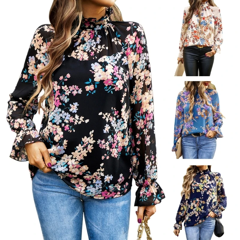 

Ruffle O-neck Shirt Blouses Women Floral Print Casual Long Sleeve Blouses Tops
