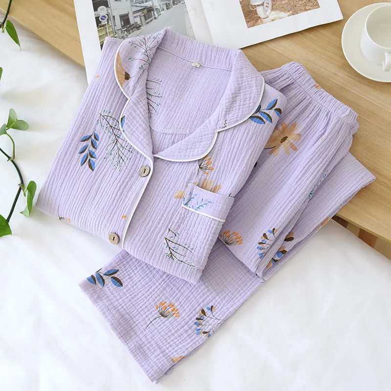 New Spring Lady Pajamas Set Crepe Cotton Pyjamas Soft and Breathable Pajamas Home Suit Nightwear Set For Women Home wear