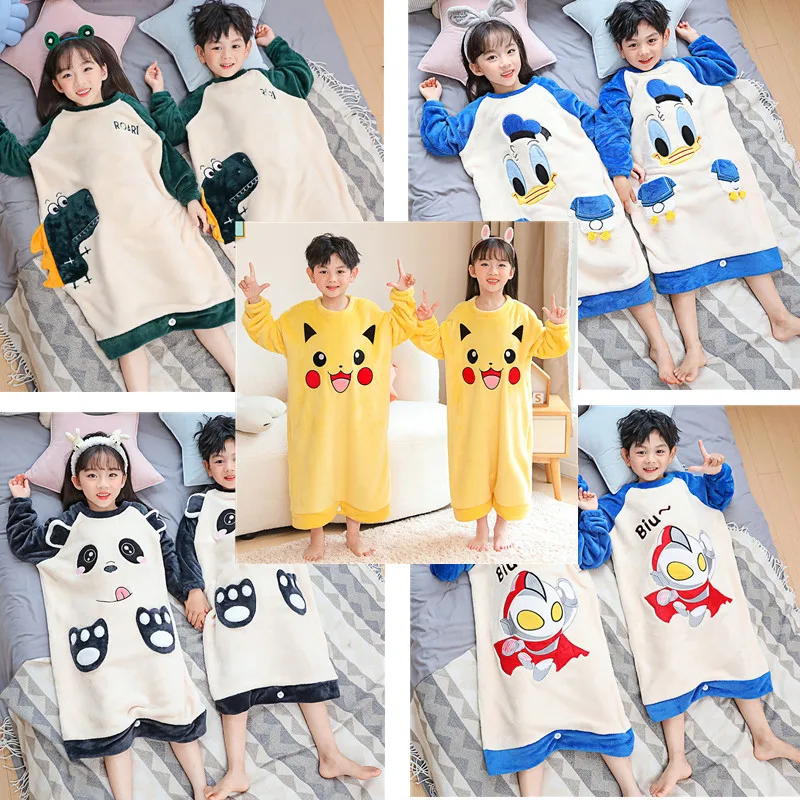 

Kawaii Pokemon Anime Pikachu Autumn and Winter Children's One-Piece Pajamas Mound Thickened Flannel Sleeping Bag Home Clothes