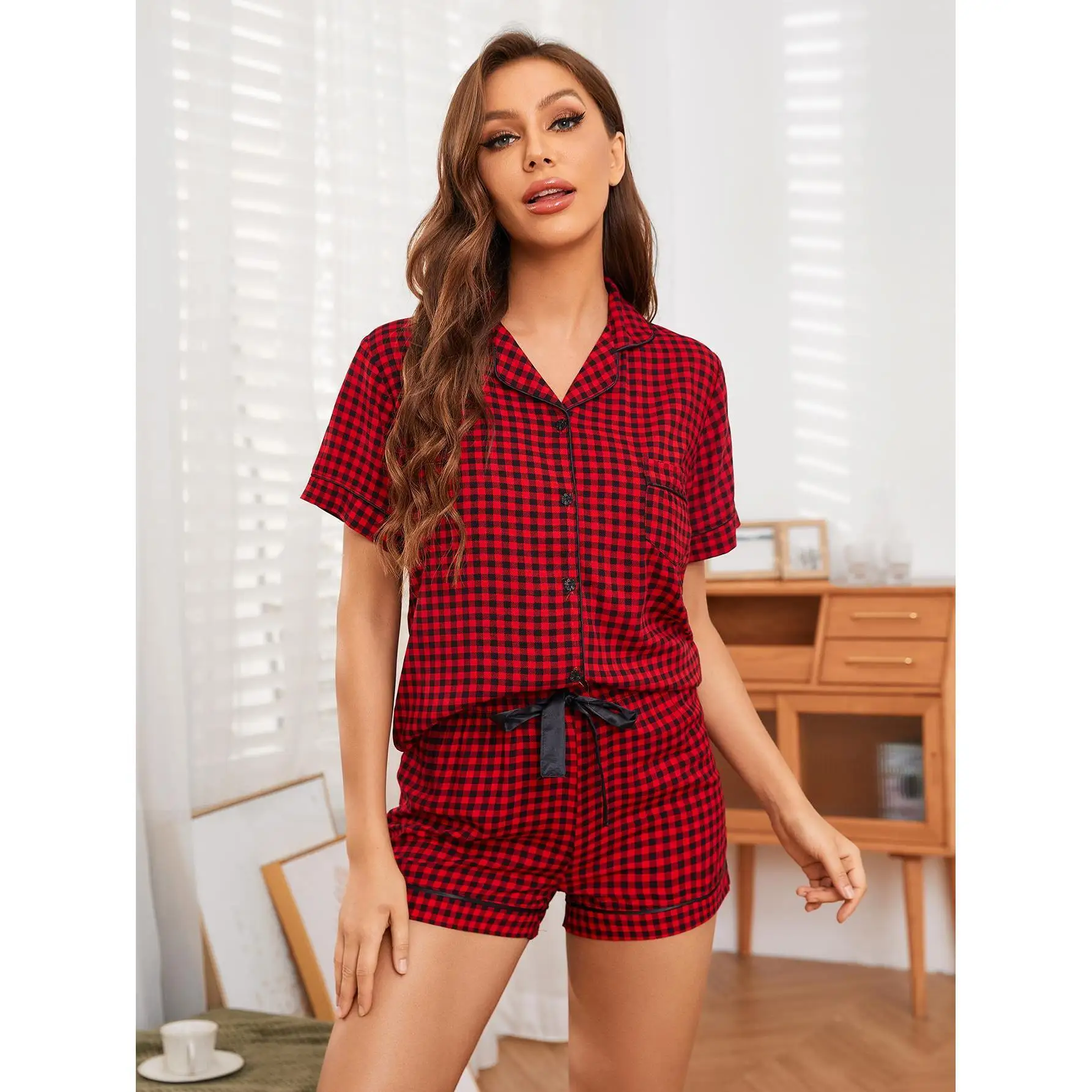Christmas Red Plaid Print Women Pajamas Set Short-Sleeve Rayon Homewear Sleepwear Two Pieces Nighwear For Women Sleep Clothing