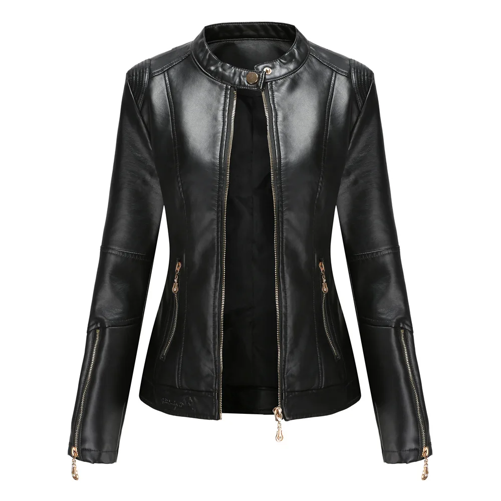 Brand Fashion Women PU Leather Jacket Short Style Stand Collar Female Jackets