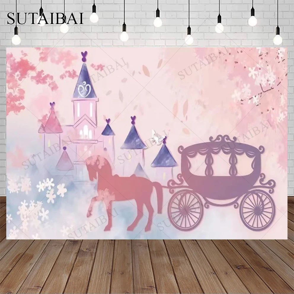 

Happy Birthday Kids Family Party Background Pink Castle and Carriage Photo Background Cake Smash Table Banners Decor Poster