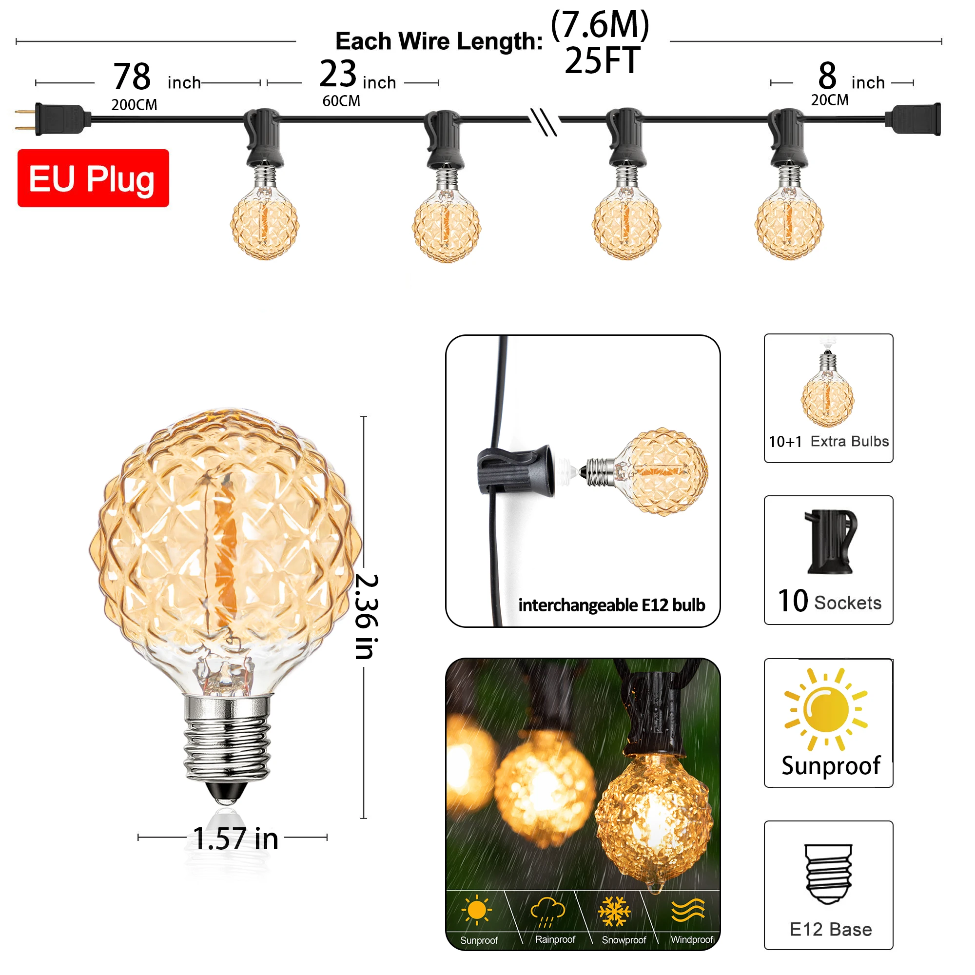 

Светодиодная уличная гирлянда в стиле ретро, водонепроницаемая гирлянда G40 1 Вт, светильники Ice Diamond E12 из янтарного стекла, наружные подключаемые светильники для сада