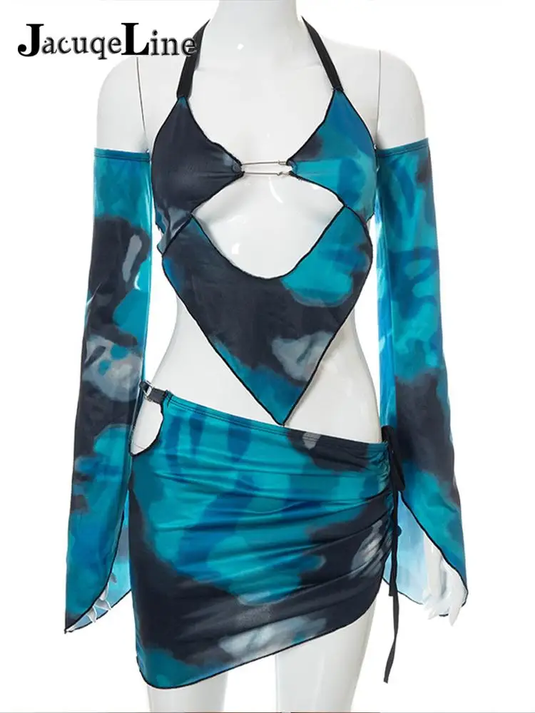 Женский комплект из двух предметов топ с расклешенным рукавом и юбка вырезом на