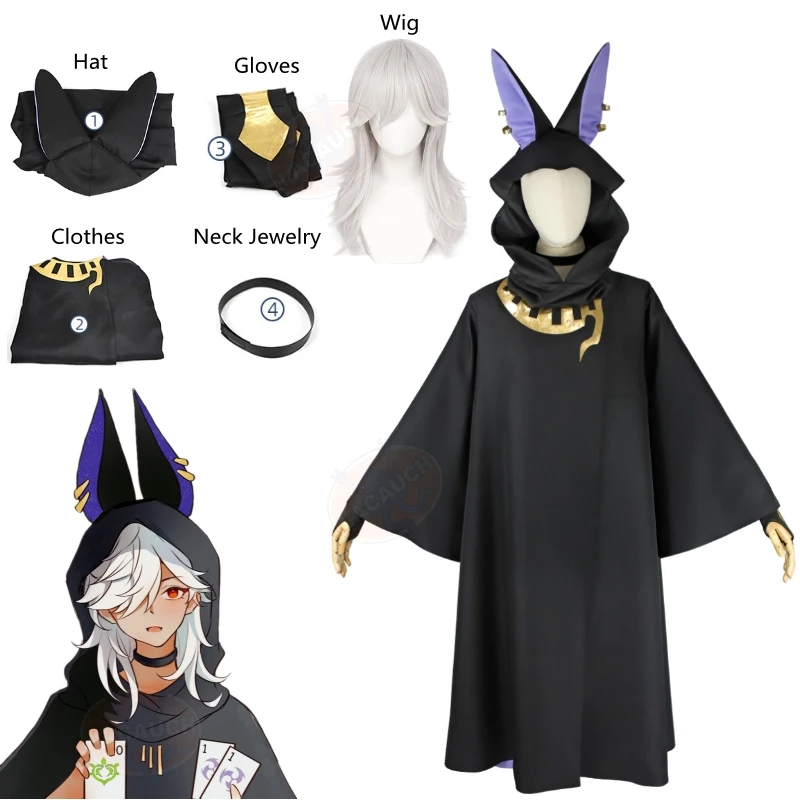 

Genshin Impact Cyno Cosplay Black Cloak Hat Gloves White Wig Cosplay Anime Cosplay Halloween Costumes Carnival Party Set