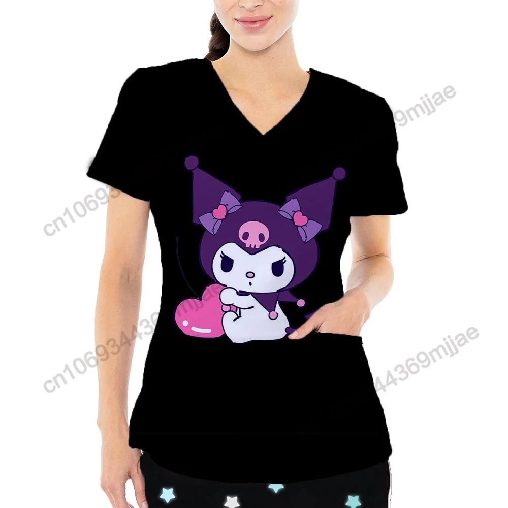 

Nurse Uniform Korean Fashion Woman Blouse 2023 Disney T-shirt Female V-neck Pocket Short Sleeve Tee Shirt T-shirts for Women Yk2