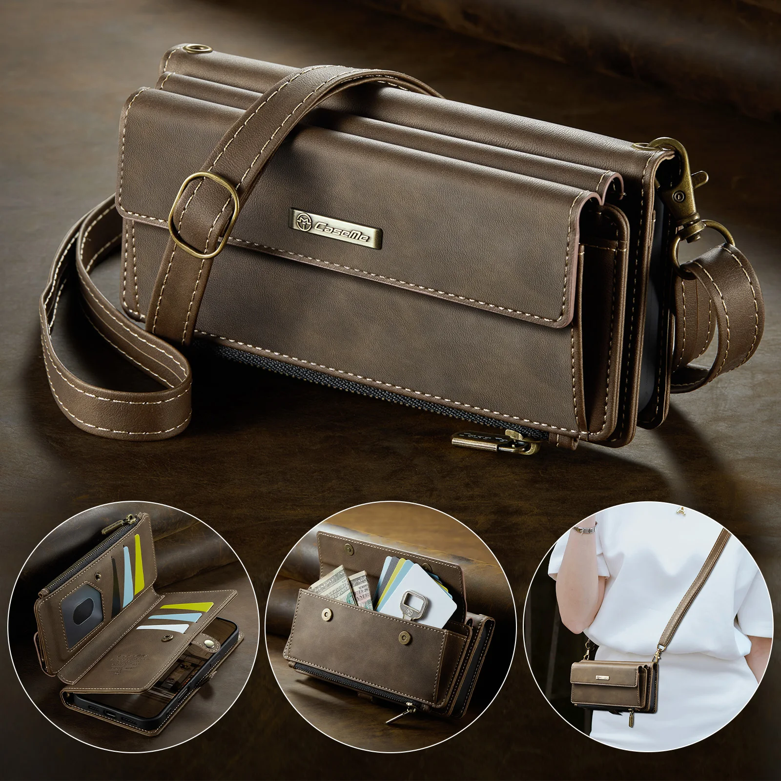 Фото Кожаный чехол Business Magnetic Card Solt Wallet для iPhone 17 Pro Max 16 Plus 15 14 13 12 11 Откидная длинная сумка на ремешке для книги №4