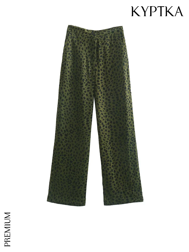 

KYPTKA Women Fashion Front Pockets Leopard Print Wide Leg Pants Vintage High Waist Zipper Fly Loose Female Trousers Mujer