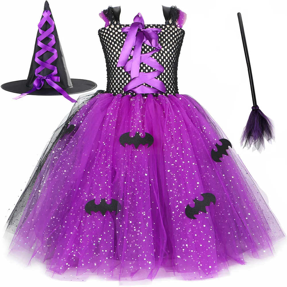 

Sparkly Evil Witch Tutu Dress Girls Purple Black Clothing hat broom Halloween Evil Queen Carnival Party Bat Witch Dress Up 1-12Y