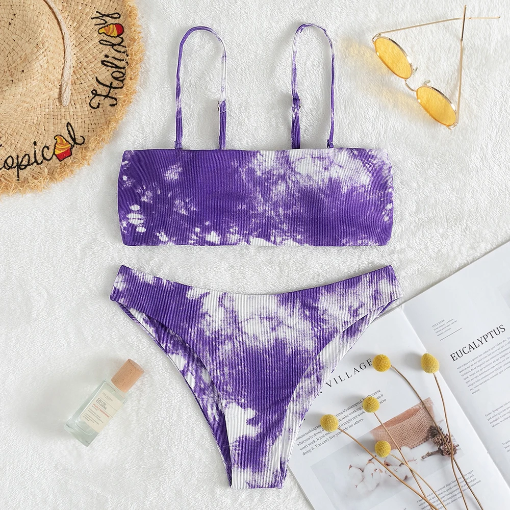 

Tie Dye Rib Women Bikini Swimsuit Underwear Print Foral High Waist Lady Beachwear 2022 New Beach Bathing Suits