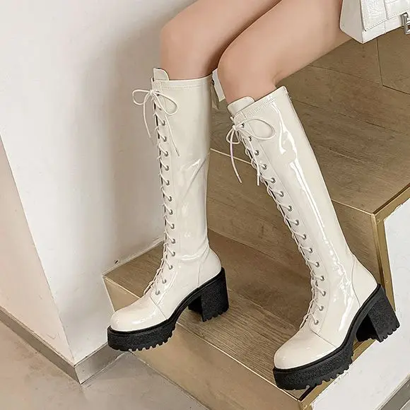 

Thick Soled British Wind High-Heeled Women's Shoes 2022 Anterior Frenum Popular Motorcycle Boots White Knee High Boots