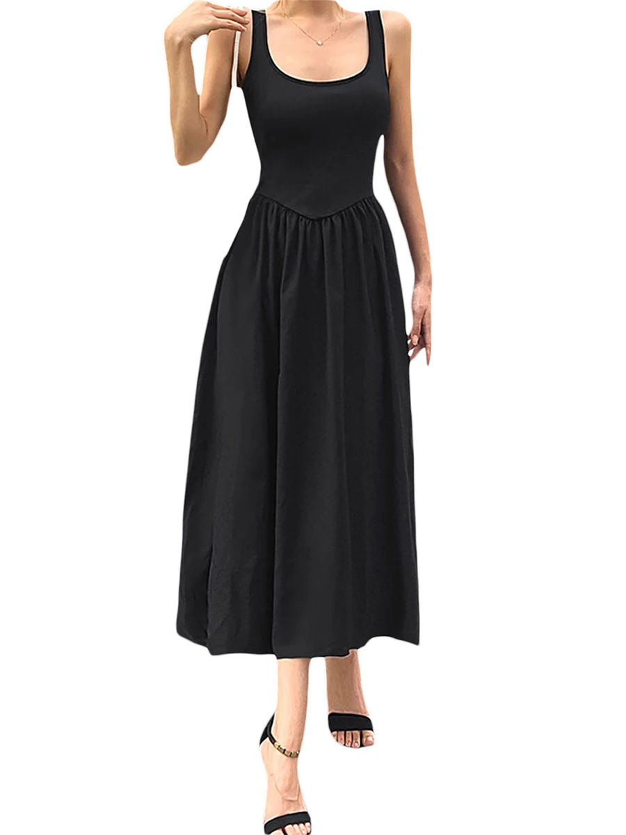 

Women Elegant Solid Color Low Cut Sling Long Dress Sleeveless Backless Skinny Midi Dress for Cocktail Evening Black