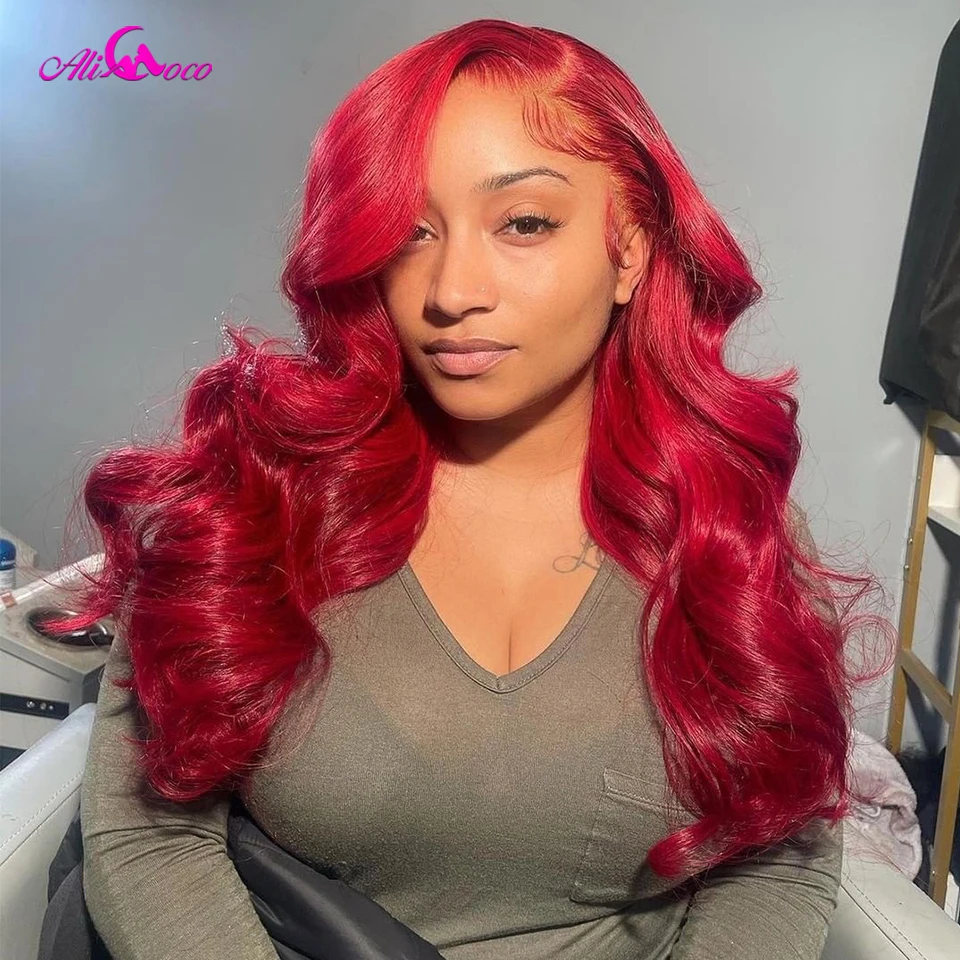 

Красный волнистый парик, бразильские парики из человеческих волос, предварительно выщипанные фронтальные парики на сетке, прозрачная сетк...