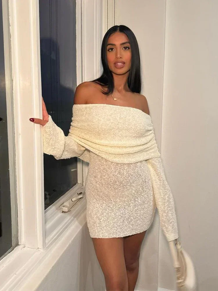 Женское трикотажное Прозрачное мини-платье с открытыми плечами и длинным