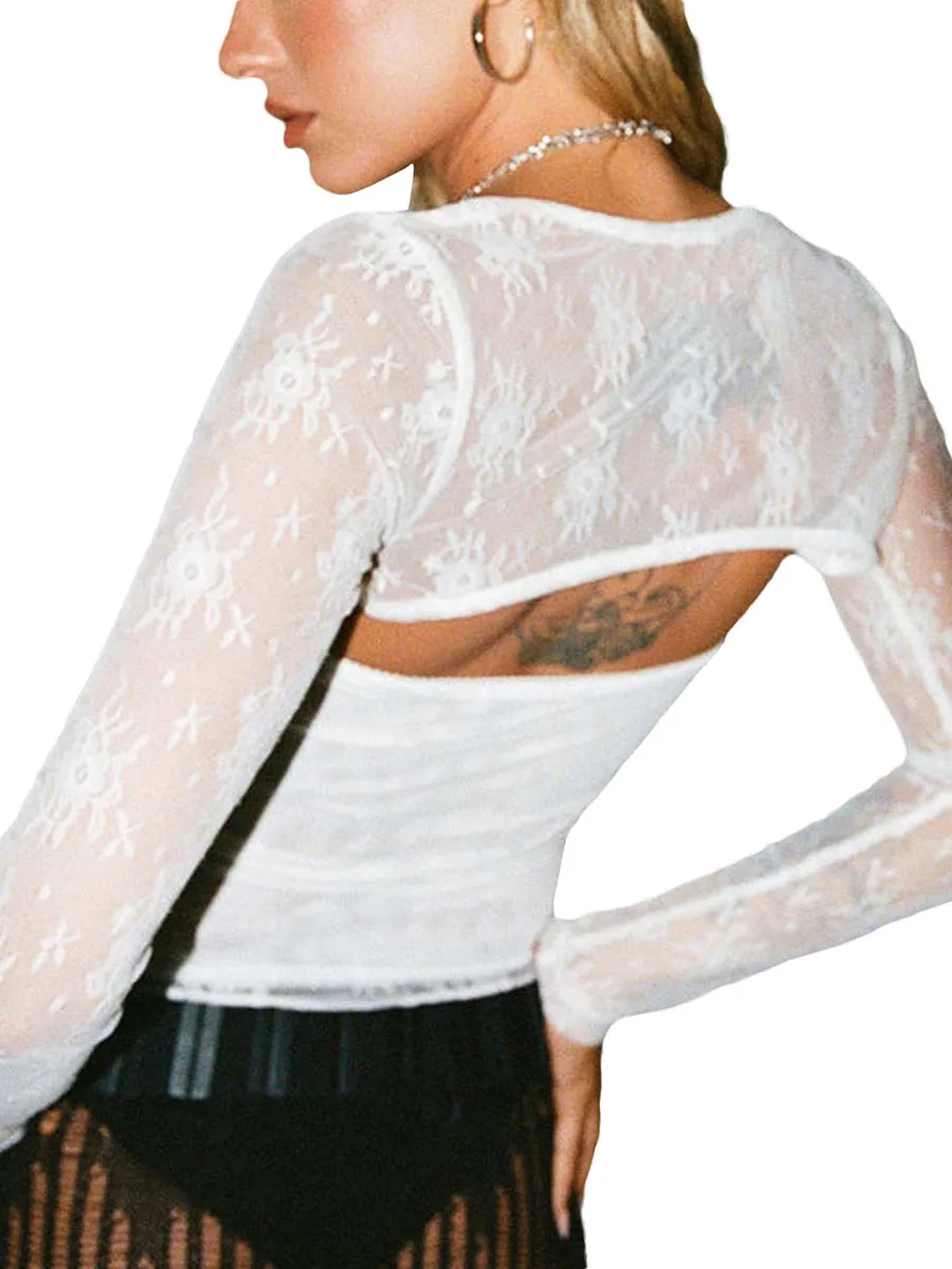 

Women Floral Lace Long Sleeve Top Y2K Crop Top Sheer See Through Mesh Layering Top T Shirts Sexy Going Out Tops I-black Large